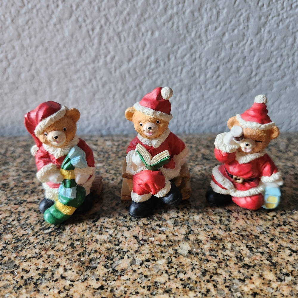 Vtg. J.C Mini Teddy Santas Christmas Bears Collectible Figurines Lot of 3 Resin